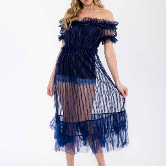 Off Shoulder Ruffle Detailed Pleated Mesh Sheer See Through Navy Blue Tunic - Picture 1 of 8